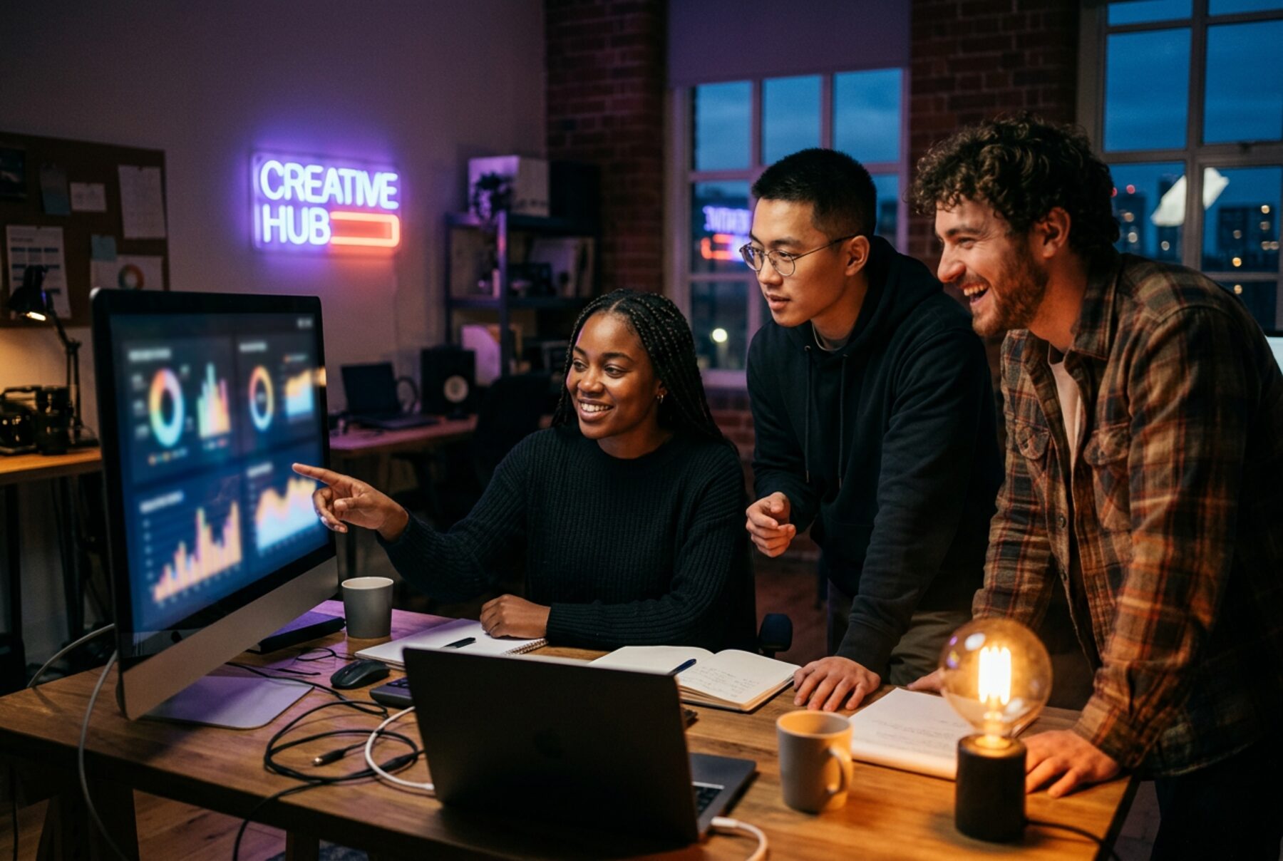 An agency team reviewing work together at a desk